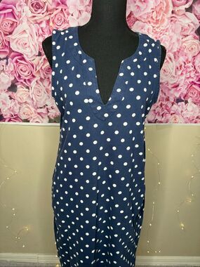 Lands' End 100% Cotton Navy & White Polka Dot Sleeveless Shift Dress with Pocket